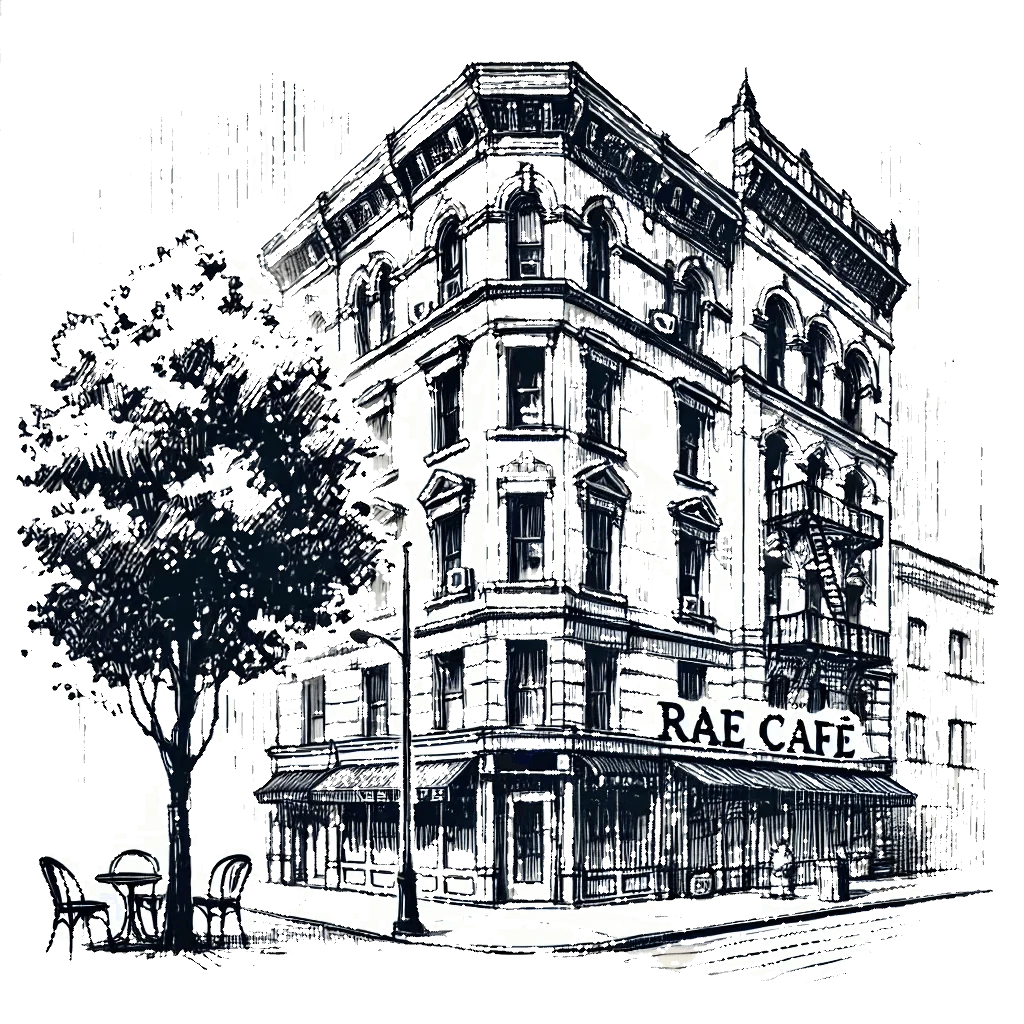 Rae Café — an illustration of a corner café building